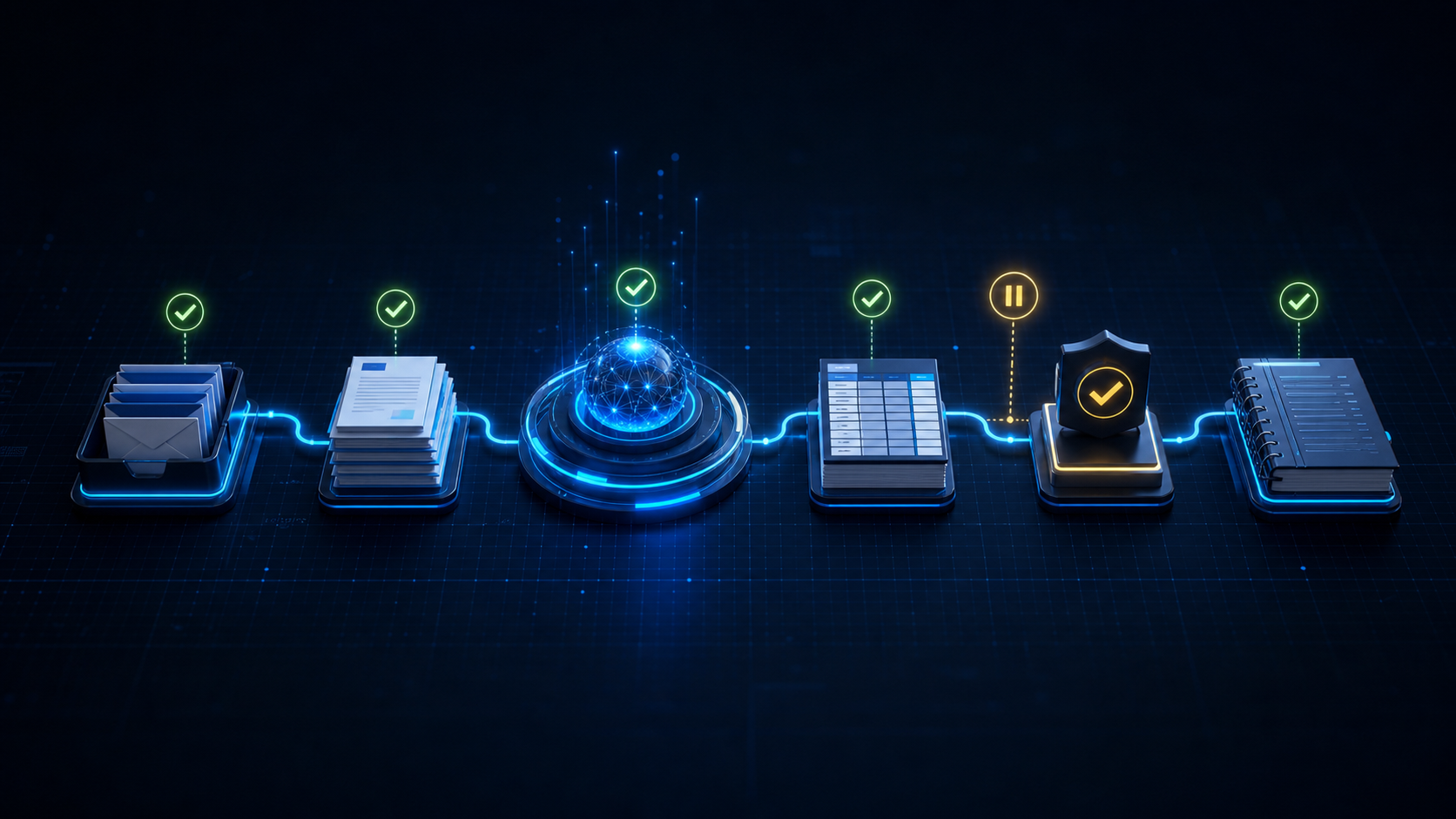 A controlled AI workflow connecting an inbox, documents, structured data, a human approval gate, and an audit log