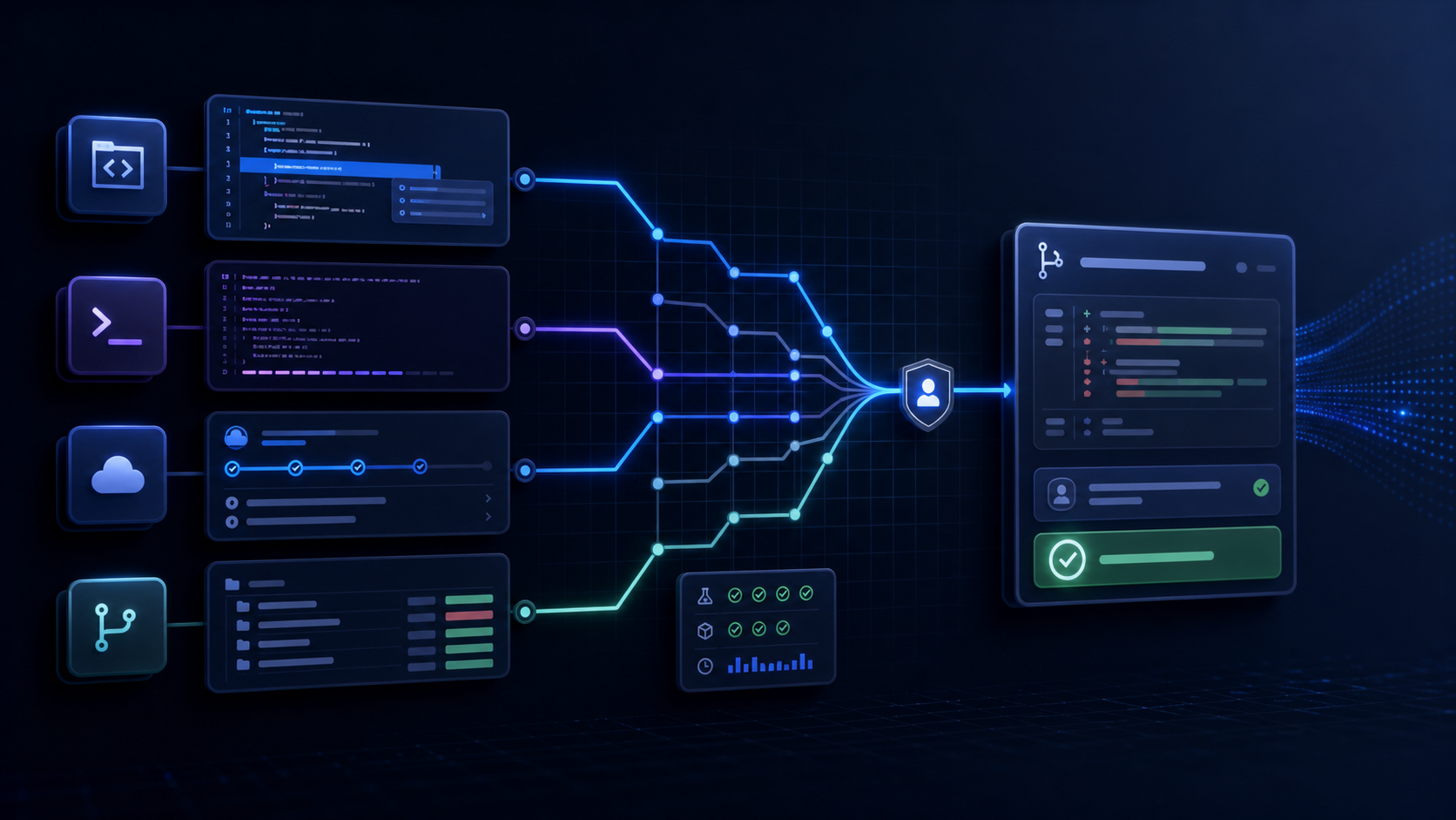 Four neutral AI coding workflows converging into a tested pull request with a human review gate