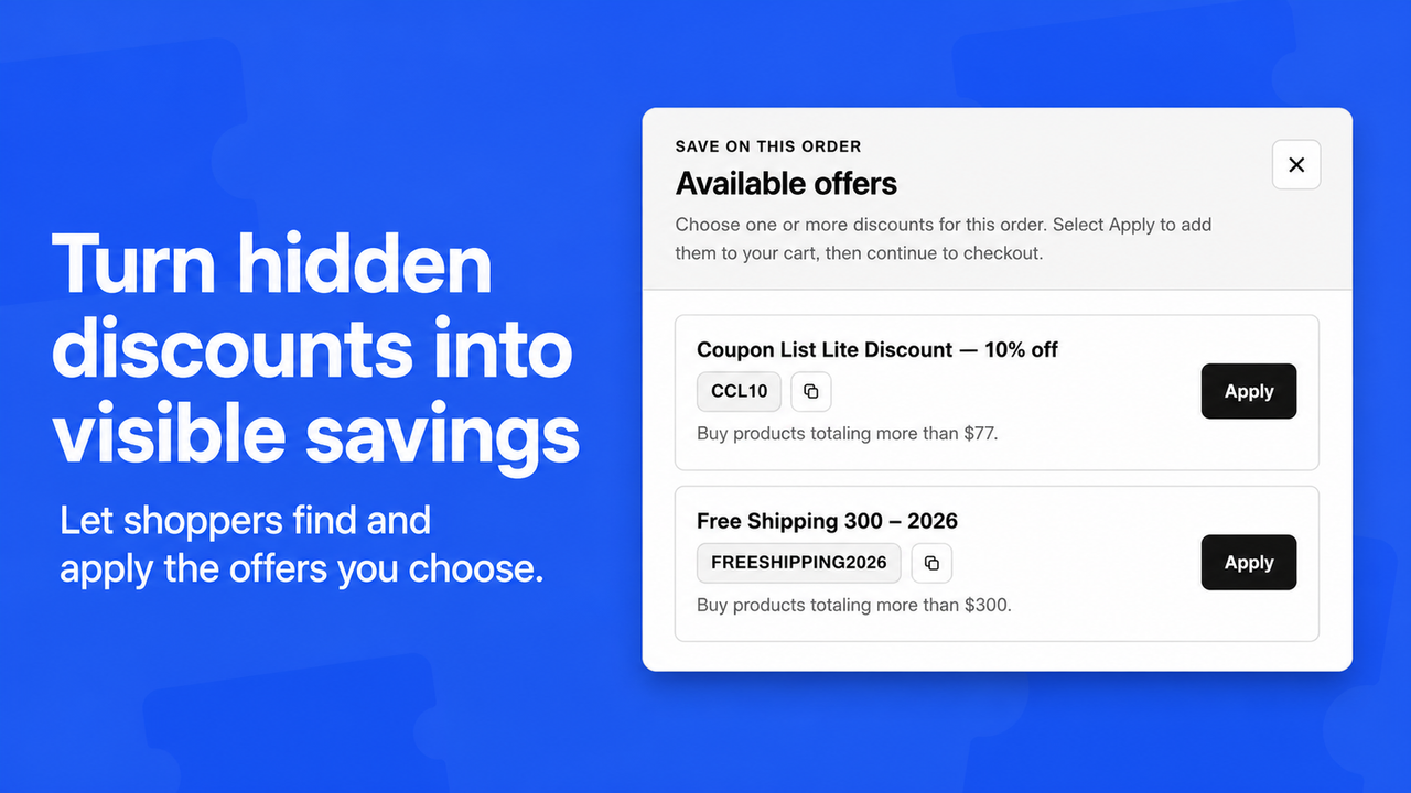Coupon List Lite storefront popup showing two eligible Shopify discount codes in the cart