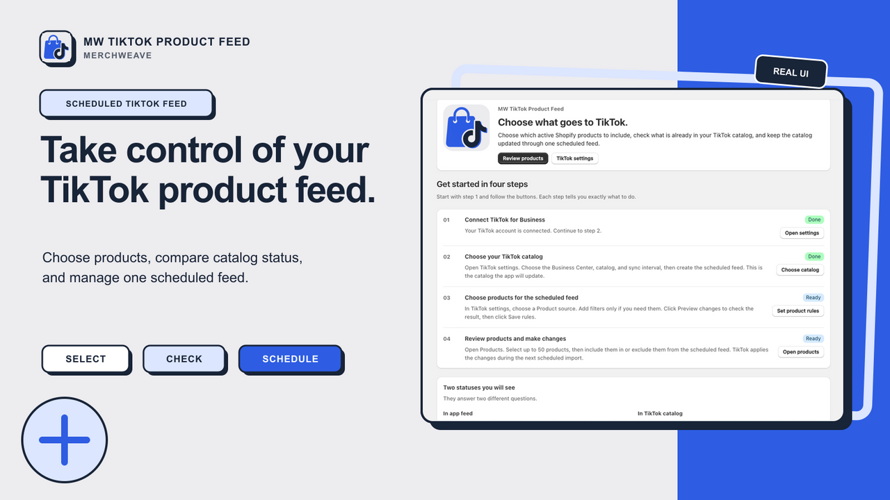 Guided setup for a TikTok catalog and Shopify product feed