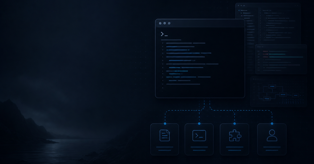A terminal coding agent coordinating project instructions, reusable skills, tools, and a tested code change