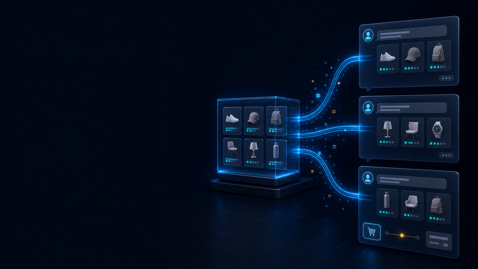 A structured product catalog distributing product cards to three AI shopping interfaces