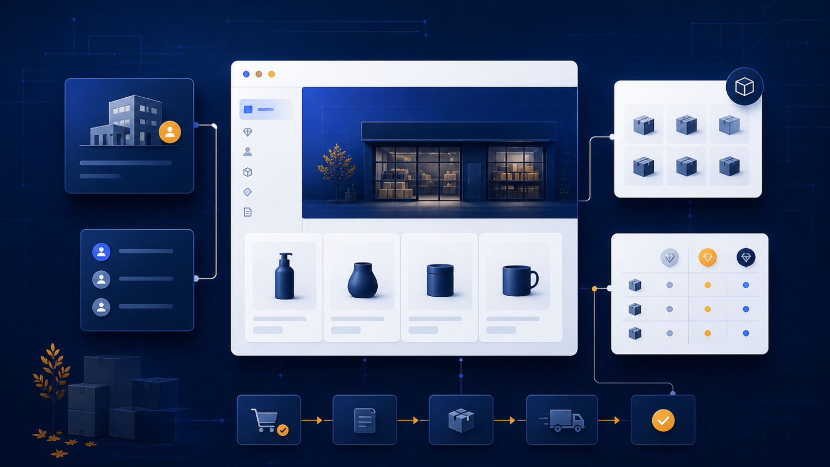 A Shopify B2B storefront system connecting company accounts, catalogs, pricing rules, and wholesale order workflows