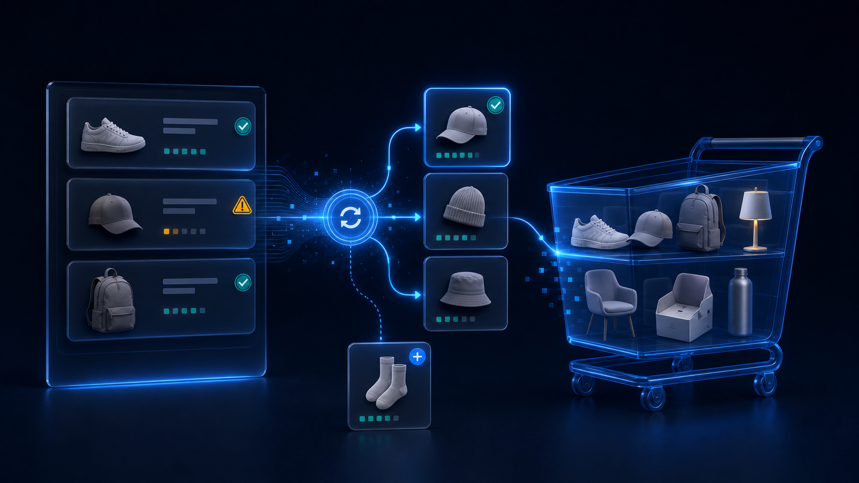 A past Shopify order branches into replacement choices, a related-product upsell, and a cart that keeps its existing items