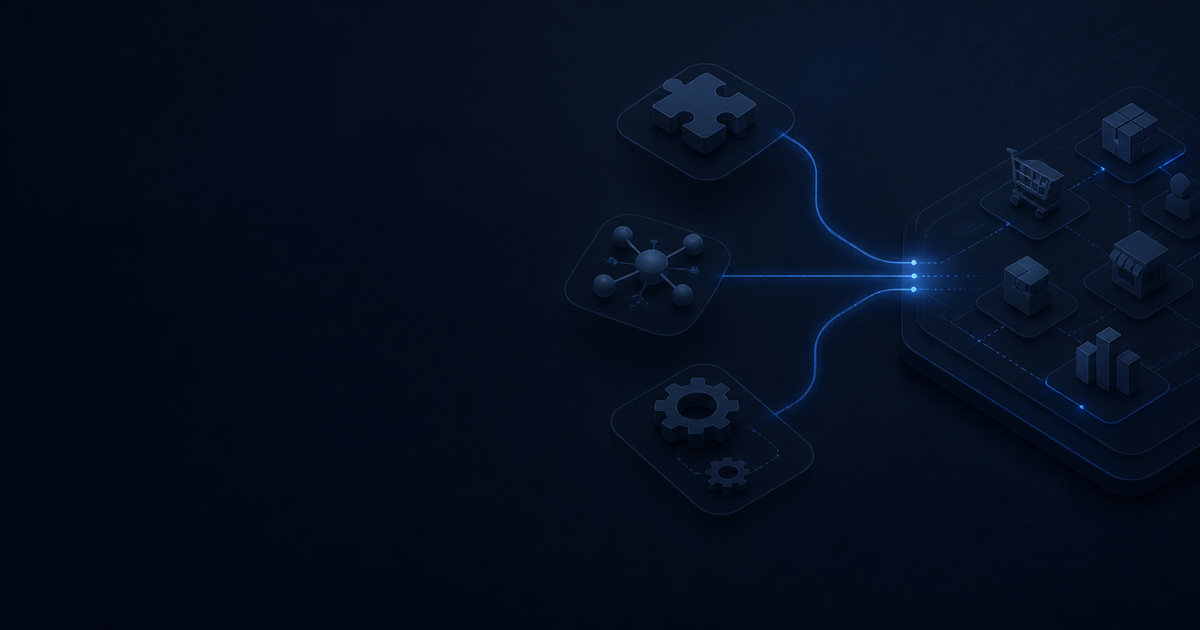 A dark commerce operations map where app, integration, and automation paths converge