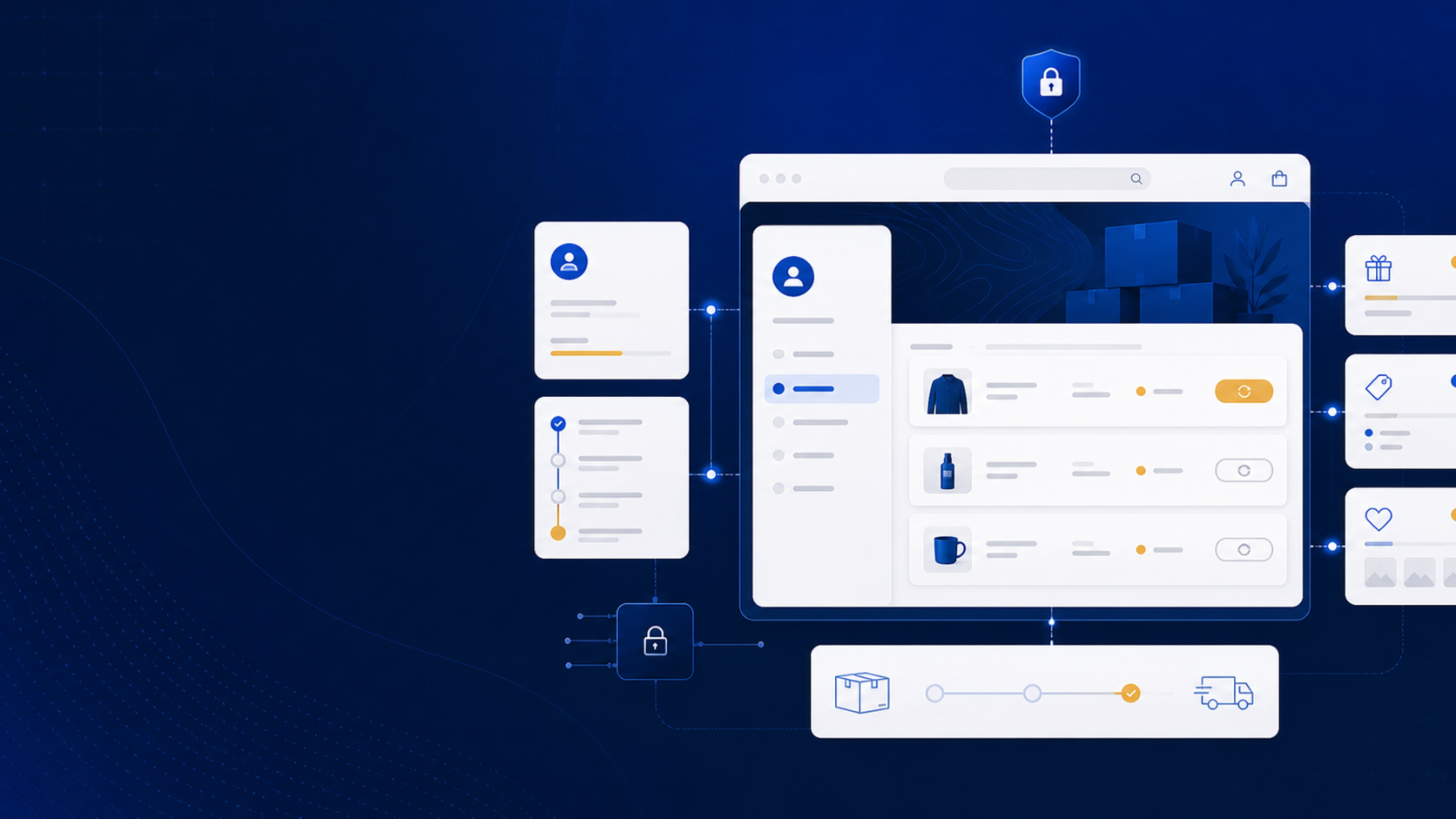 A Shopify customer account portal connecting profile details, order history, reorders, and account extensions