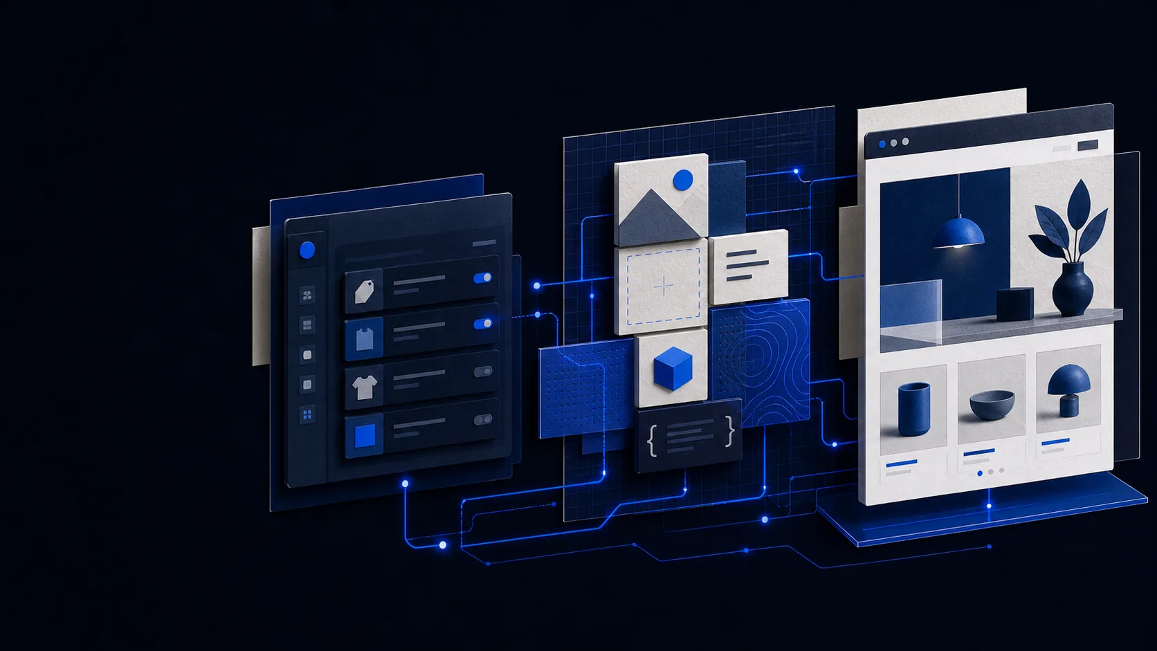 Abstract commerce system connecting a Shopify app, theme blocks and a storefront