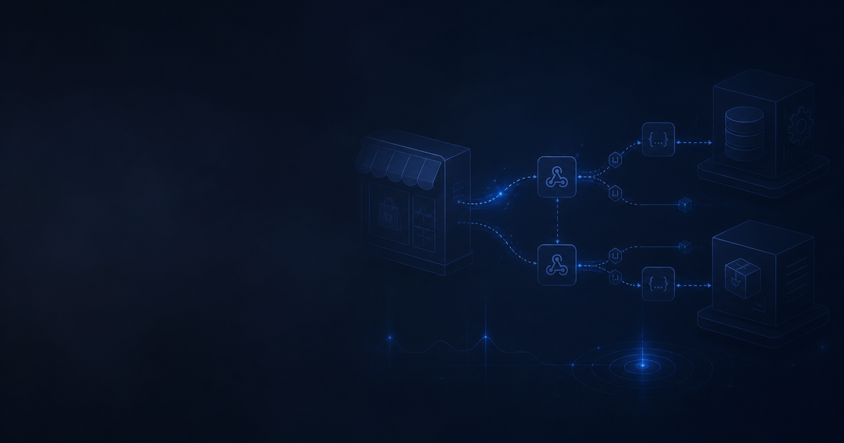 A dark technical system connecting a Shopify storefront through webhook and API nodes to external services