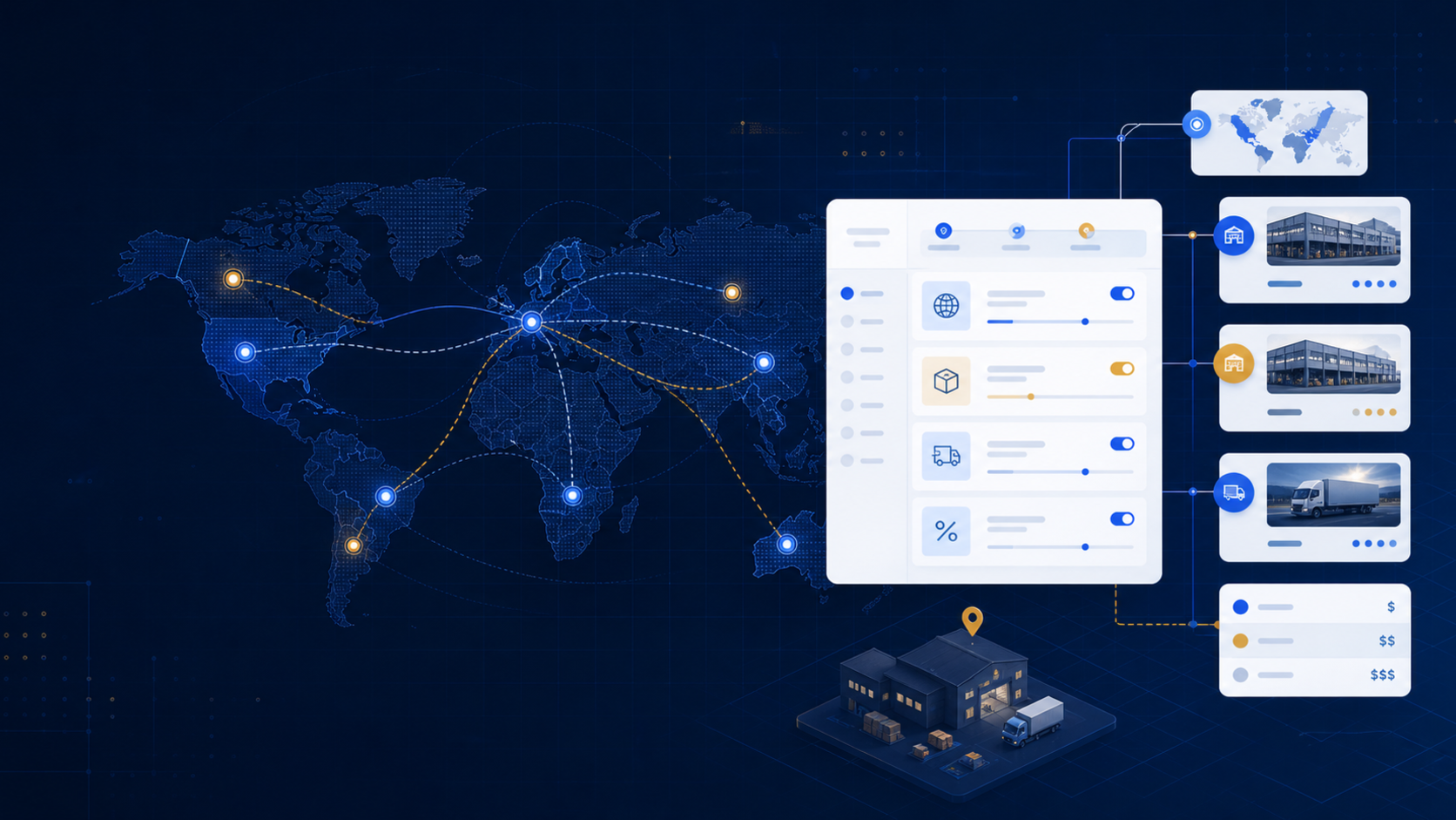 A Shopify Markets shipping map connecting regions, delivery profiles, warehouse locations, and rate rules