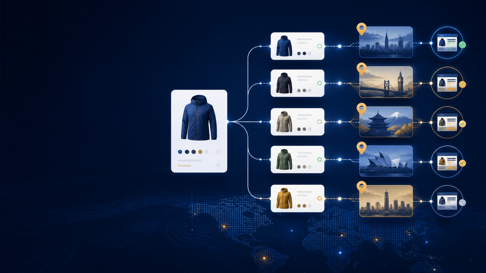 A Shopify product branching into independently published variants for regional catalogs and storefront channels