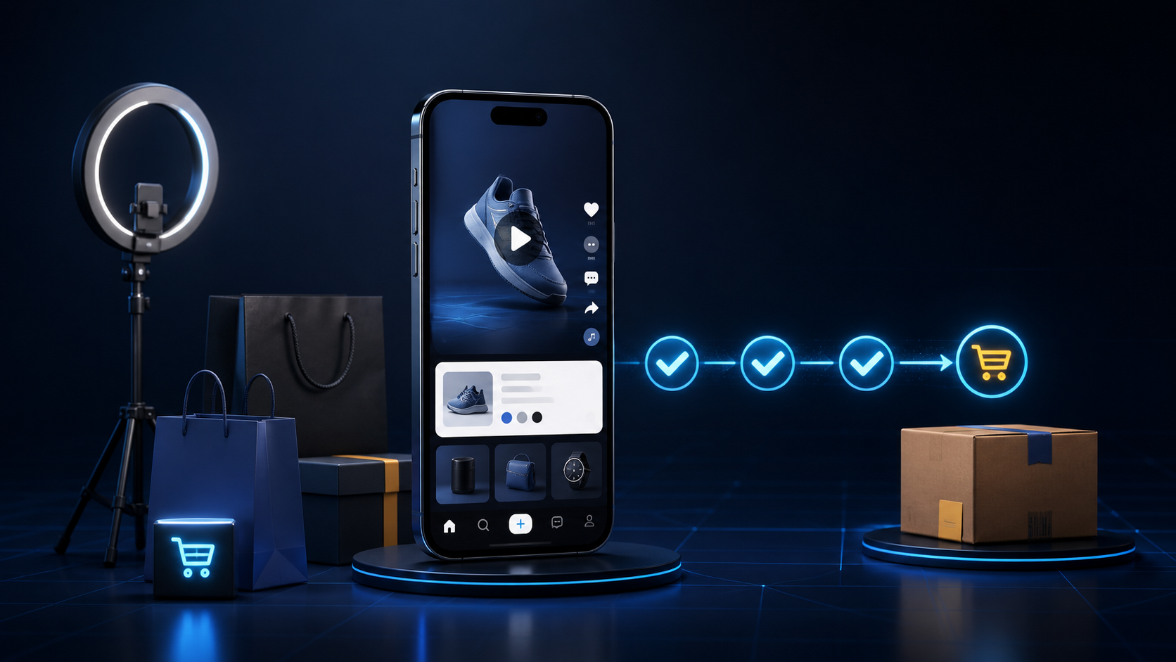A short-form commerce workflow connecting a product video, catalog checks, an order, and parcel fulfillment