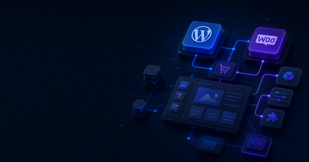 Connected WordPress and WooCommerce modules in a dark technical system