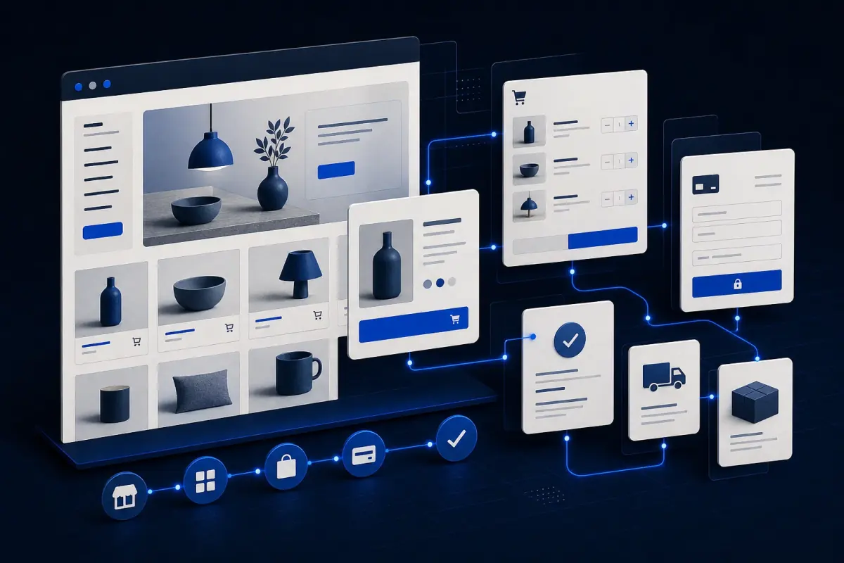 Website pages, products, basket, and checkout arranged as one online store